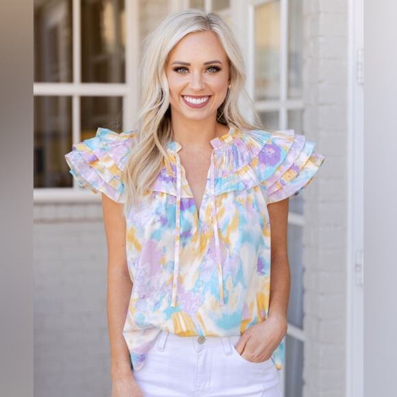 BUDDY LOVE Pastel Tie-Dye Ruffle Sleeve Blouse Top - Picture 1 of 6